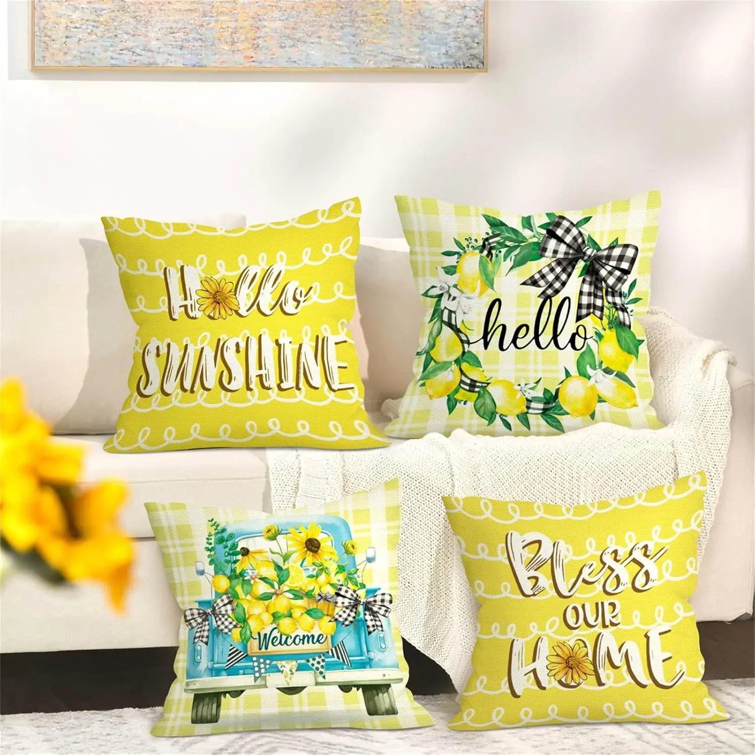 Yellow Sunflower Lemon Floral 4 Piece Throw Pillow Covers Set Farmhouse Cottage Decor Cushions for Living Room Spring Summer Dec