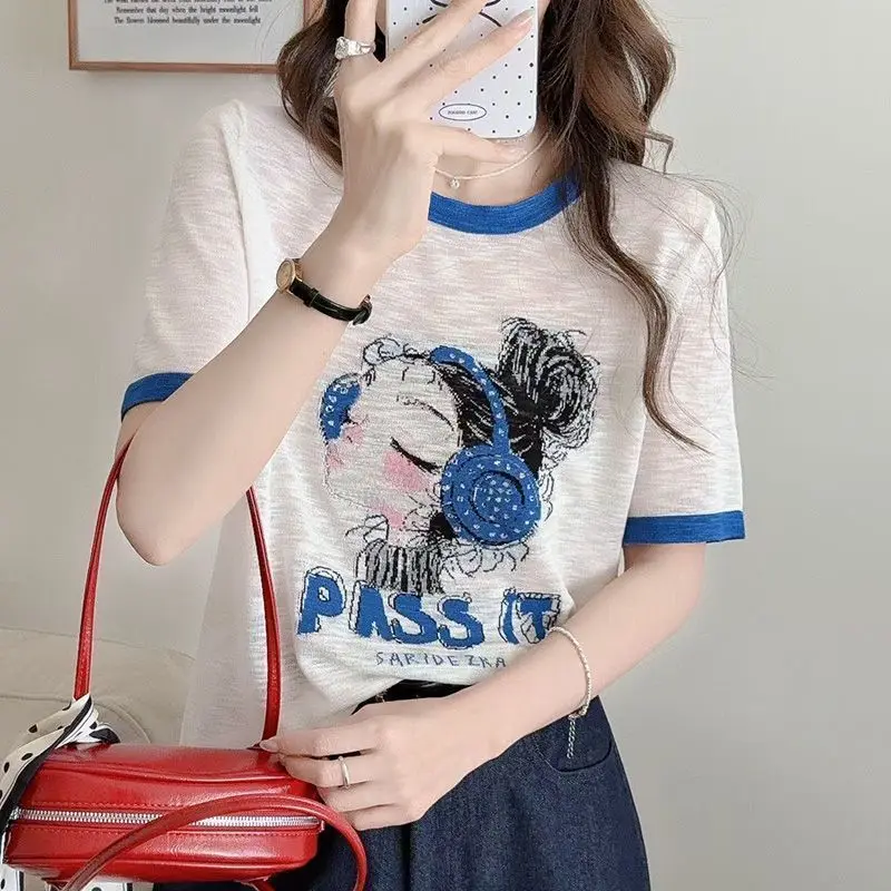 100% Bamboo Cotton Short-sleeved T-shirt Women's Summer  Large Size Loose and Thin Belly-covering Contrasting Color Printed Top