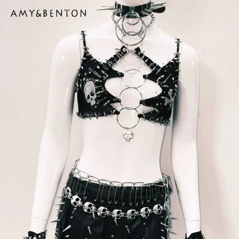 

Gothic Black Sexy Chain Hollow Out Women's Vest Original Design Heavy Rivet Mini Pleated Skirt Sweet Cool Sexy Skirt Sets Ladies