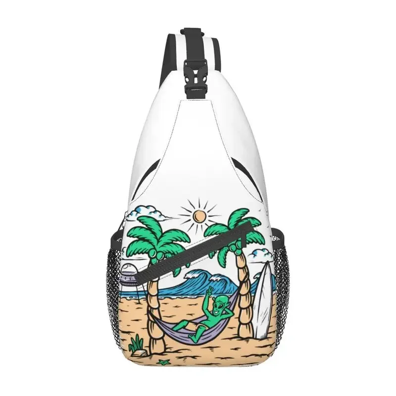 

Fashion Summer Beach Alien Surfing Crossbody Sling Backpack Men Surf Rider Shoulder Chest Bags for Travel Cycling