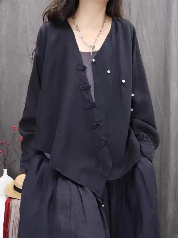 جديد الصينية Sle فضفاض عارضة القطن الكتان irt المرأة طويلة Sve زر حتى الخامس Ne أعلى تنفس ملابس الخريف مريحة #3