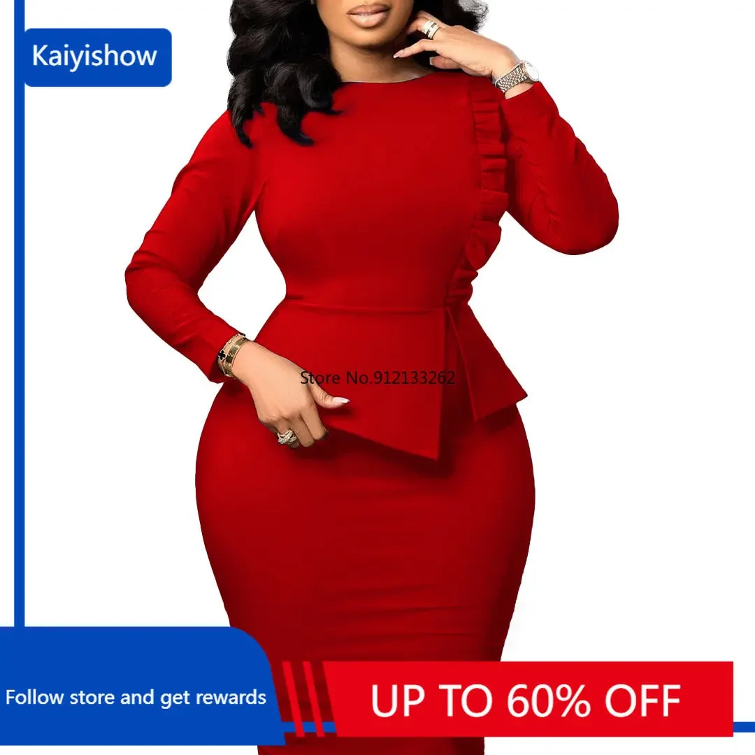 

African Dresses for Women 2023 Spring Bodycon Midi Dress Daily Elegant High Waist Long Sleeve Robe Femme African Clothes