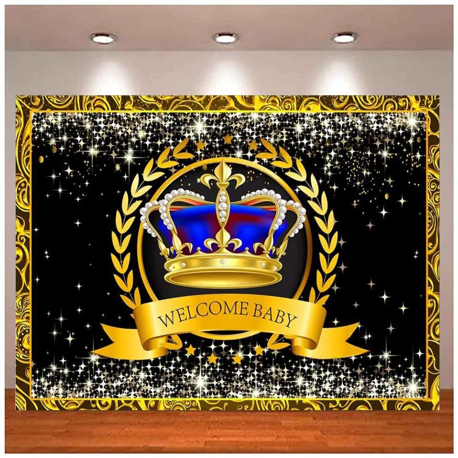 Crown Welcome Photography Backdrop Glittering Star Newborn Baby Shower Royal Party Banner Cake Table Decor Portrait Background