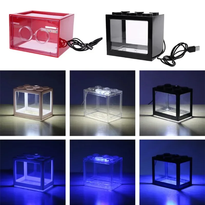 1L USB LED Desktop Mini Aquarium Fish Tank Lamp Betta Fish Fighting Cylinder Decoration Small Creative Fish Tank Blocks Stacked