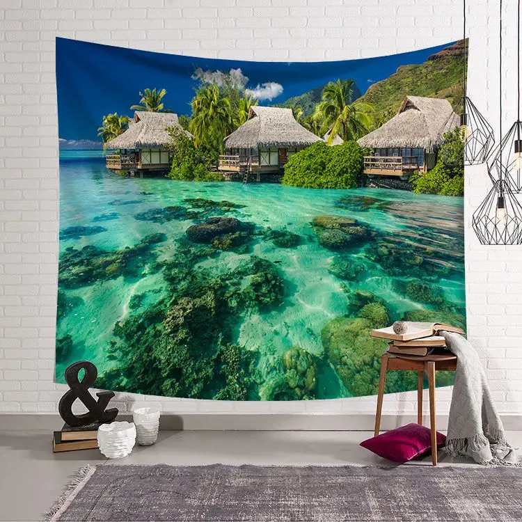 

Hot Sun Ocean Beach Wall Hanging Water Landscape Decoration Blue Cloud Background Tapestry