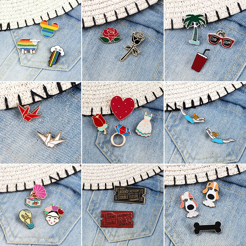 2-4Pcs/Set LGBT Rainbow Pins Brooches Rose Ring Heart Enamel Pin Vintage Record Player Movie Ticket Badges Clothes Lapel Jewelry