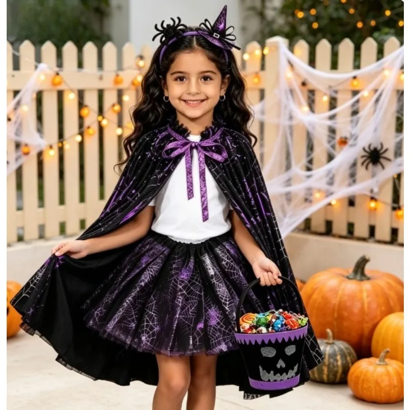 Theeper Black&Purple Halloween Outfit Set Spider Printed Tutu Skirt Headband Carnival Party Stage Performance Festival Decor Kit