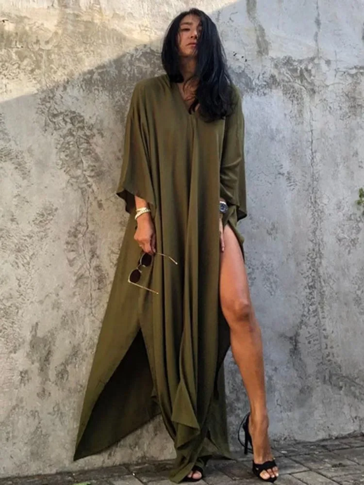 2025 新固体ビキニカバーアップ女性ビーチカバーアップ V ネックスリットカットプラスサイズビーチロングドレス夏のファッション女性ビーチウェア