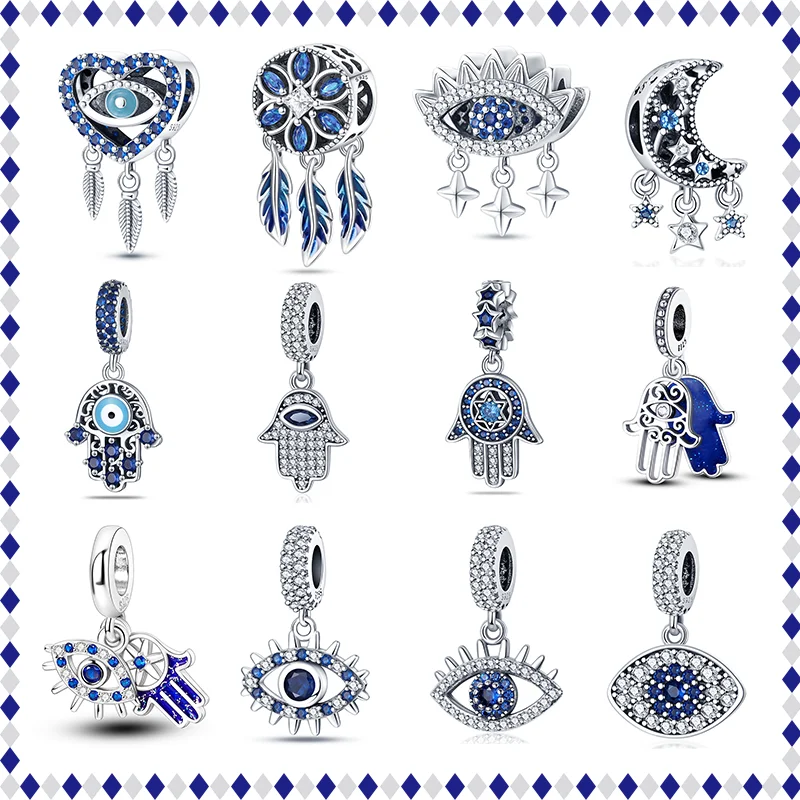 100% 925 Sterling Silver Shiny mata ajaib mempesona biru Zircon jimat manik-manik untuk Asli Pandora gelang DIY halus membuat perhiasan