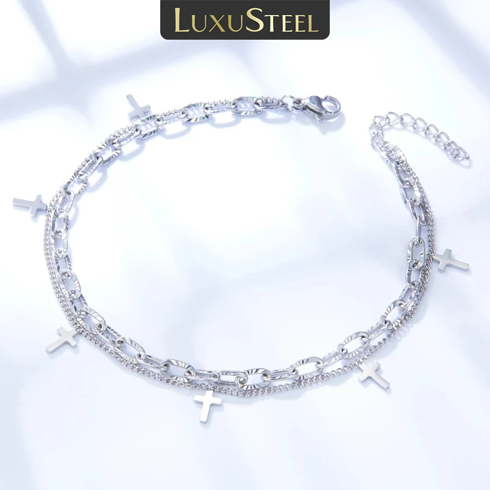 LUXUSTEEL Cross Double Foot Chain Anklets for Women Bracelet on Leg Stainless Steel Women's Chain Anklets Wedding Party Jewelry