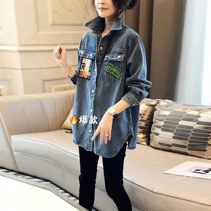 Spring Autumn New Retro Blue Denim Shirt Coat Female Korean Loose Basic Coat Stand Collar Cowboy Shirt Outerwear Single-Breasted