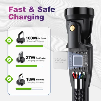 AUFU 고속 충전 마이크로 C타입 마그네틱 케이블, 아이폰, 삼성, 샤오미, 자석 충전기 와이어 코드, USBC 케이블, 100W, 5A