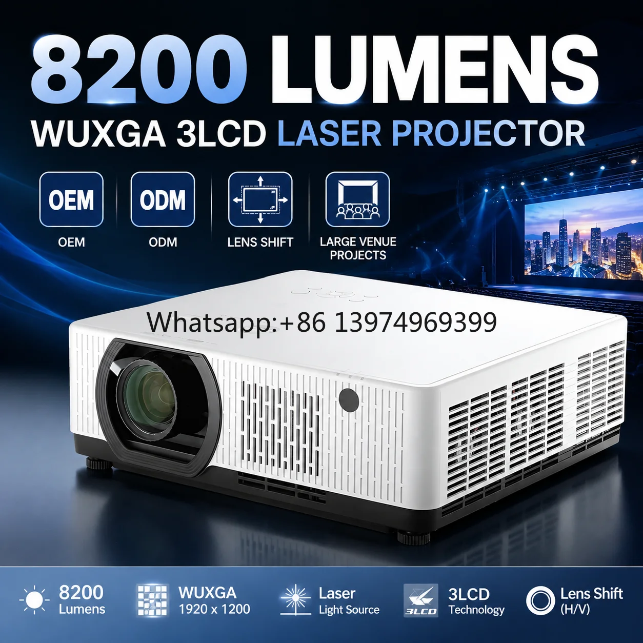 OEM ODM 8200 Lumens WUXGA 3LCD Laser Projector with Lens Shift for Large Venue Projects