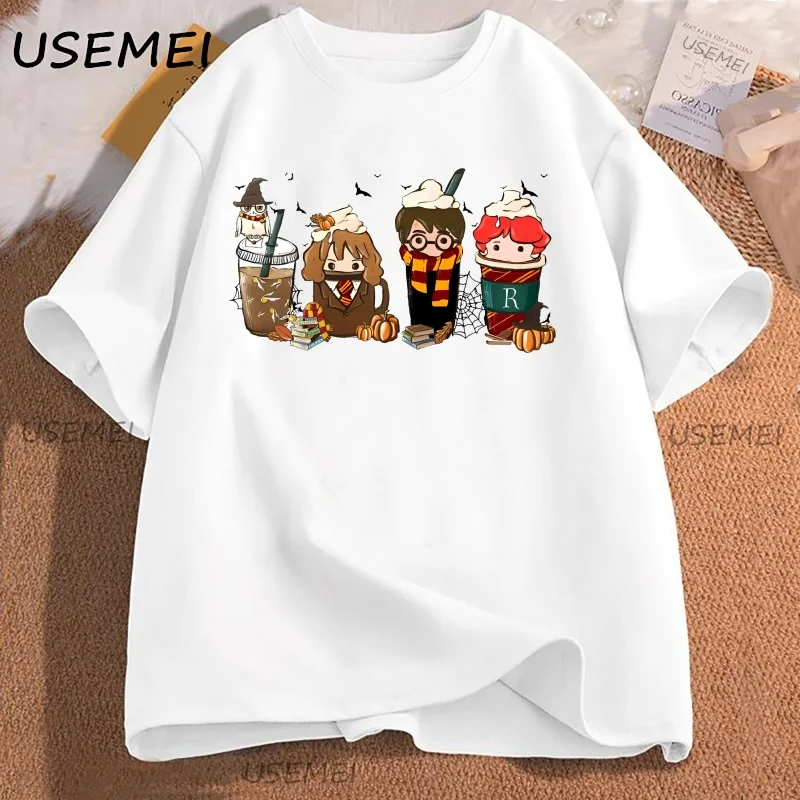 Cute Coffee Characters T-Shirt Women Men Aesthetic Tee Pumpkin Fall T Shirt Cotton Short Sleeve  Aesthetic High Quality Tees