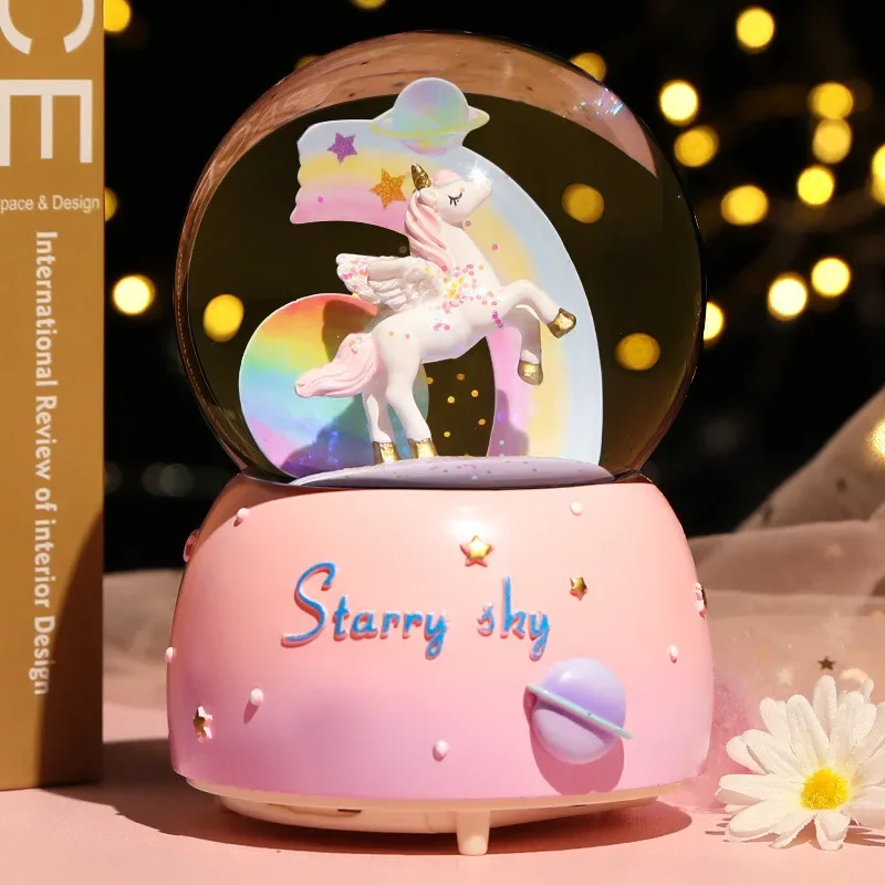 

Creative Cartoon Unicorn Crystal Ball Romantic Color Light Snow Music Box Home Desktop Decoration Valentine's Day Birthday Gifts