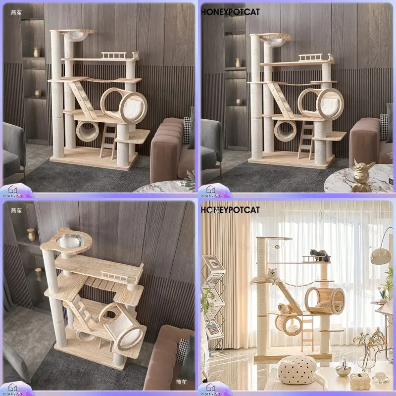 Solid Wood Tree Large Climbing Frame Multi Level Cat Tower with Scratching Posts Cozy Cat Nest Condo Furniture Villa