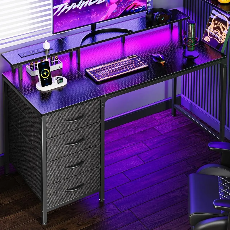 

47 Inch Computer Desk with Power Outlets and LED Lights, with 4 Drawers, with Monitor Stand, for Home Office, Small Spaces,Black