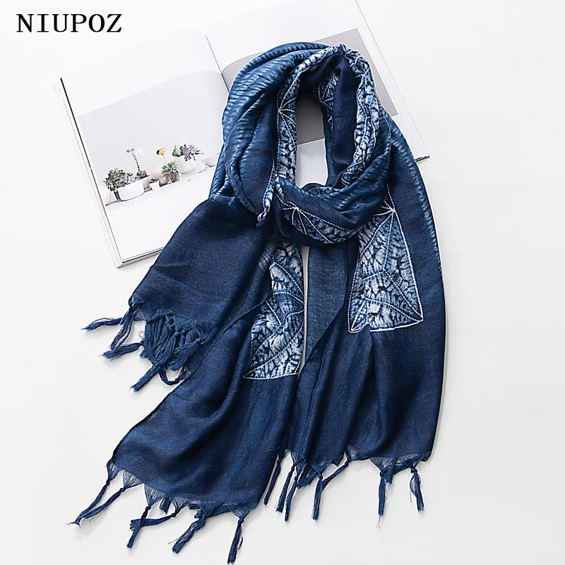 Batik Dye kobiety Foulard granatowy szalik muzułmańskie zimowe ciepłe chustka długi szal Tassel etniczny styl 100*185cm