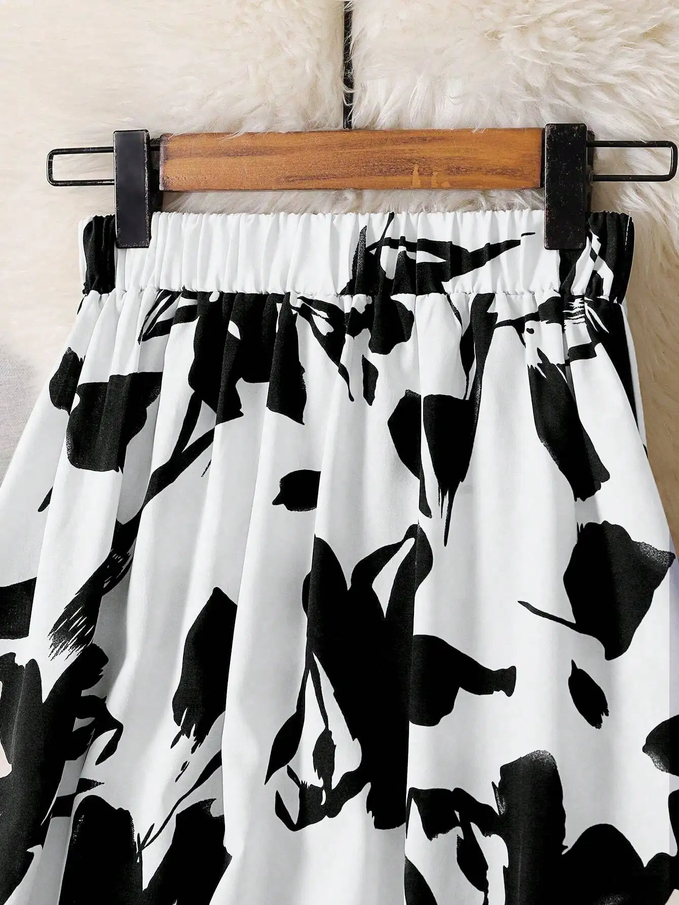 ¡2025 Recomendación caliente! Negro - y - Tinta blanca - Falda larga con estampado floral lavado. El elástico - El diseño de cintura ofrece comodidad y F