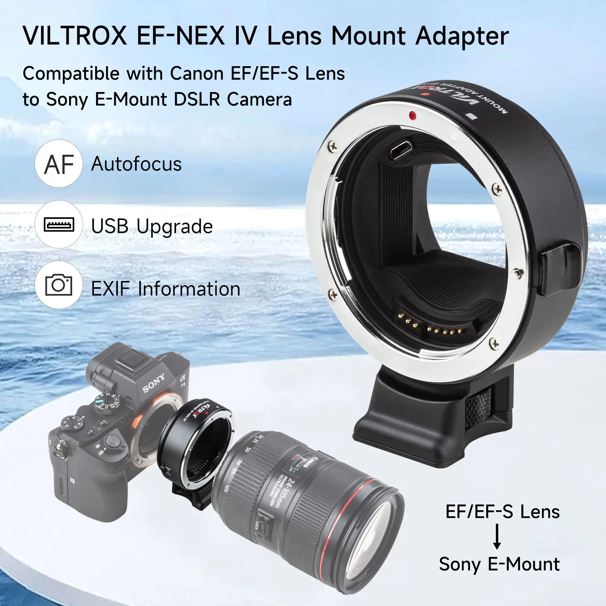 Viltrox EF-NEX IV anneau adaptateur de montage d'objectif mise au point automatique pour objectif Canon EOS EF/EF-S vers appareils photo Sony E Mount NEX A9II A7III A9 A7RIII