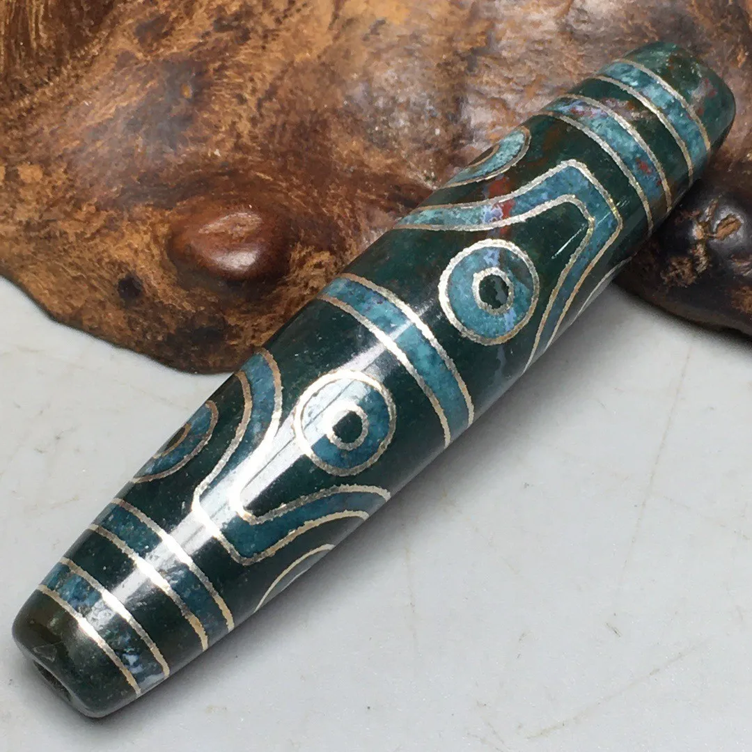 Tibetan Cinnabar Old Agate DZi Inlaid Silver Wire 8 Eyes Bead Amulet 58mm S0414