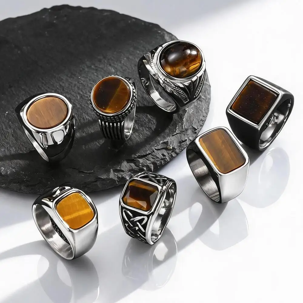 Punk Tiger Eye Stone Signet Ring for Men,Vintage Stainless Steel Natural Stone Round Sqare Ring,Stylish Causal Male Jewelry