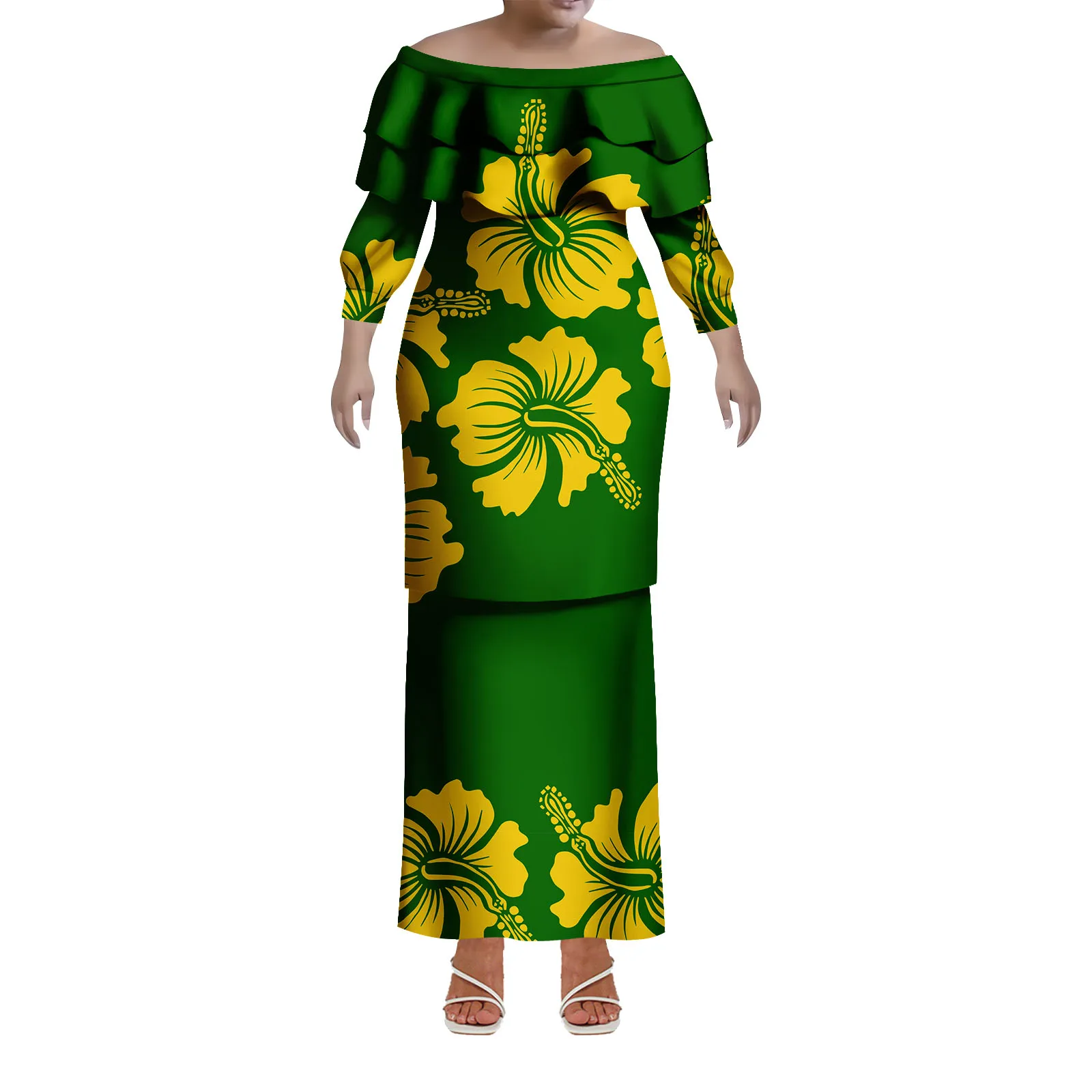 Elegant Lady Off-The-Shoulder Short-Sleeved Long Dress Polynesian Samoan Island Design Art Print Puletasi Dress Two-Piece Set