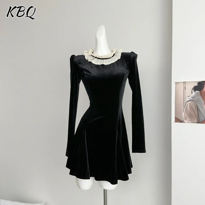 

KBQ French Slimming Spliced Lace Elegant A Line Dress For Women Round Neck Long Sleeve Tunic Temperament Dress Female Style New