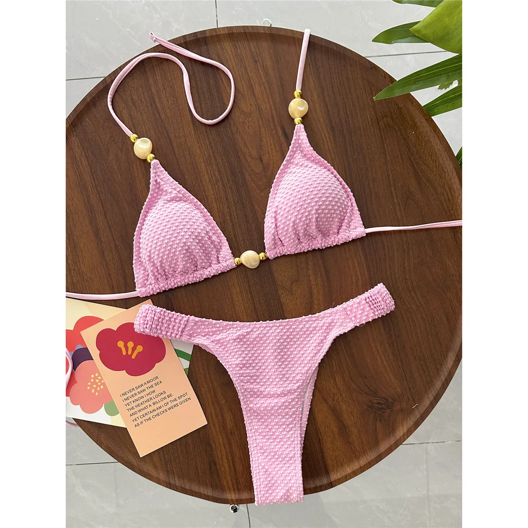 Gefalteter, geknitterter Neckholder-Bikini, Damen-Badeanzug, zweiteiliger Bikini-Set, brasilianischer Badeanzug, Badebekleidung, Schwimmanzug V8134 – Detail 15