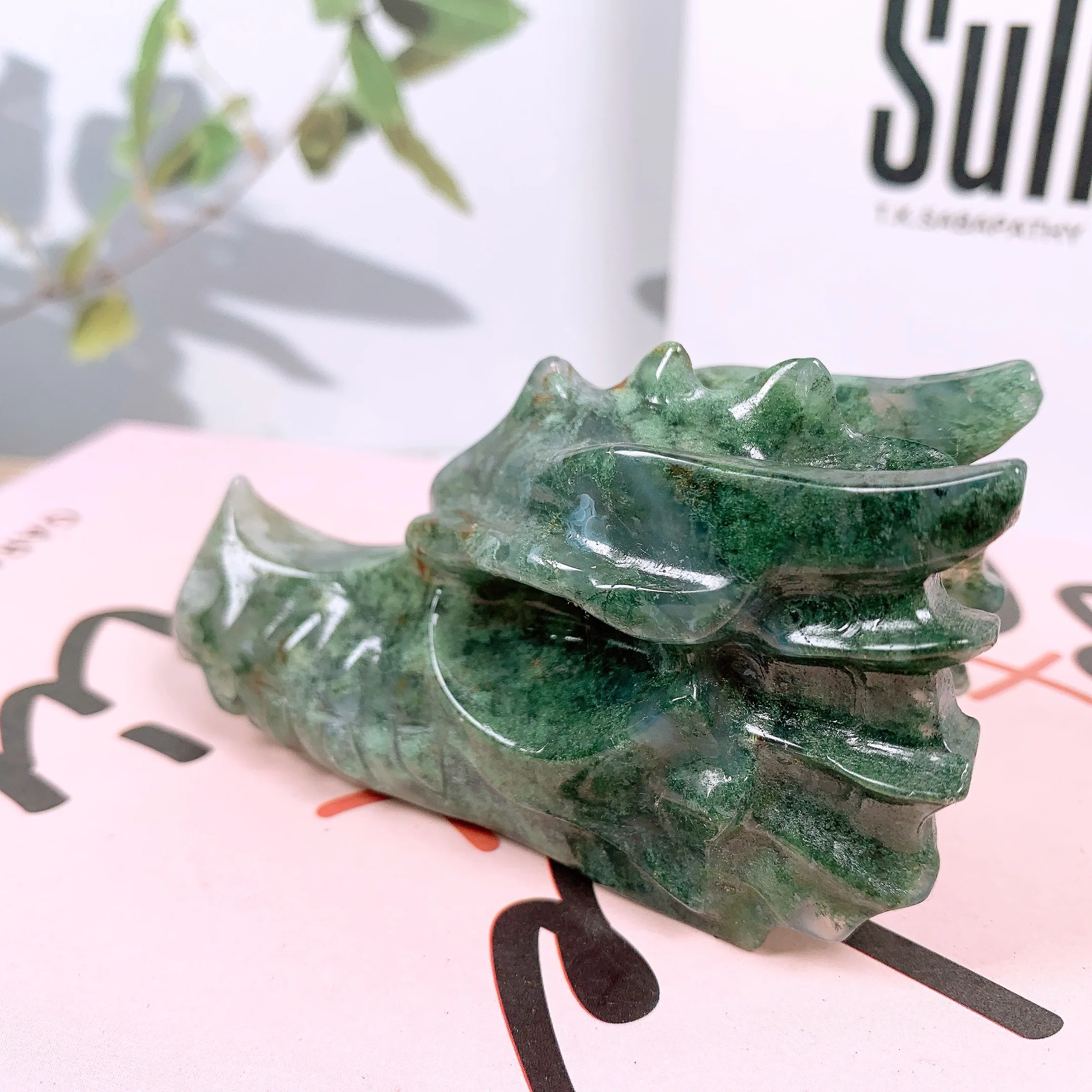 Natural crystal dragon head Moss agate dragon skull carving Home decoration Halloween gift