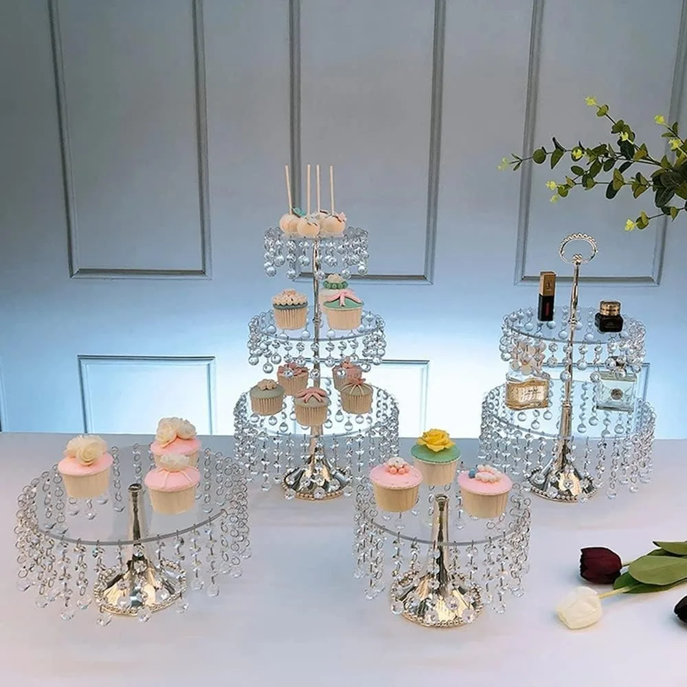 

4-piece set of crystal silver cake rack, metal circular, dessert table display, wedding party celebration home decoration