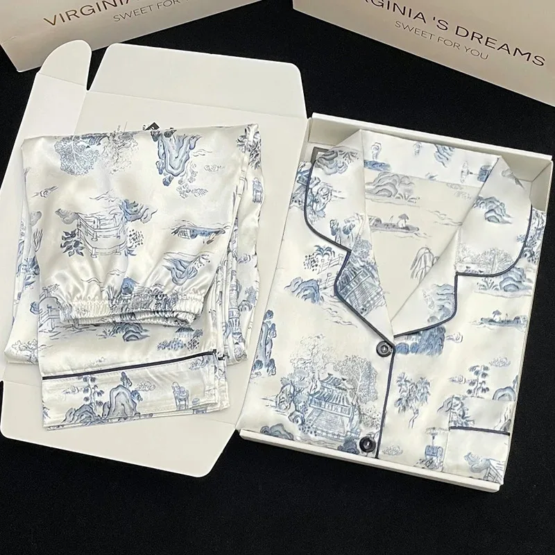 بيجامة نسائية حريرية بأكمام طويلة بيجامة بدلة زهرة مطبوعة عالية الجودة من الحرير الجليدي يمكن ارتداؤها خارج المنزل بيجامة