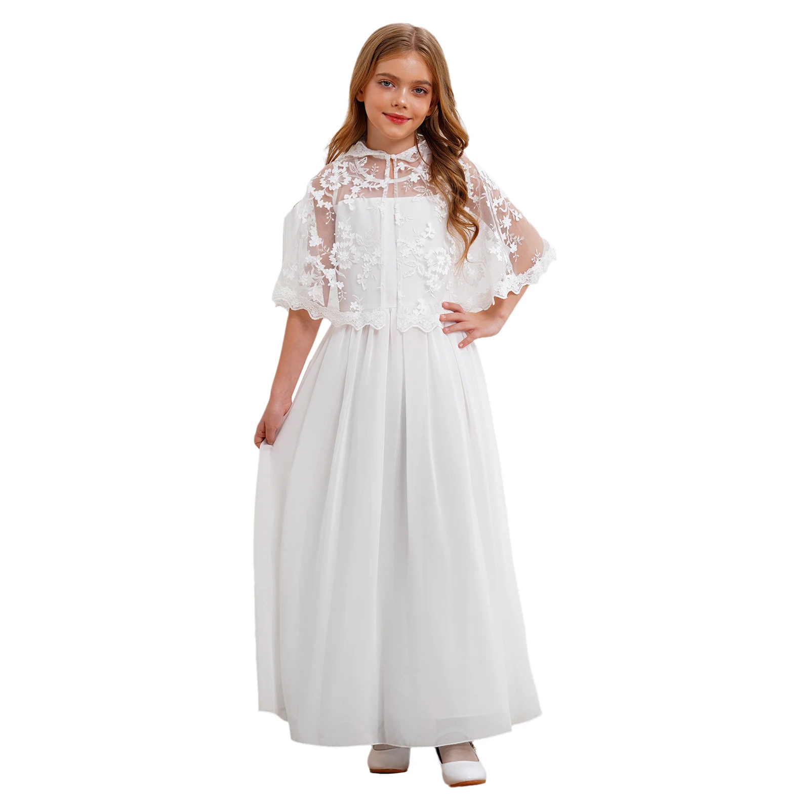 Kids Wedding Party Dress Elegant Tulle White Dress with Floral Lace Hooded Cape Flower Girl Clothes for Girls Birthday Gown