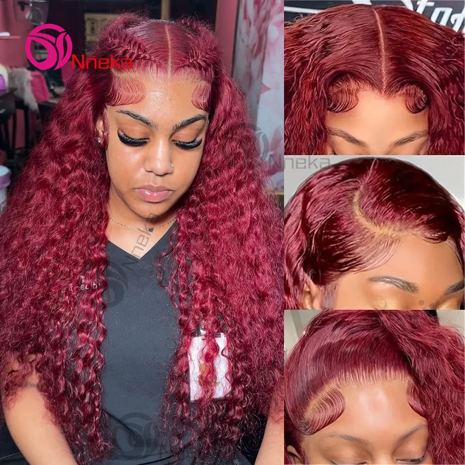 Burgundy 13x6 Hd Lace Frontal Human Hair Wig Deep Wave Curly Human Hair Wigs Water Wave Colored 99j Red 30 Inch Lace Front Wig image 2
