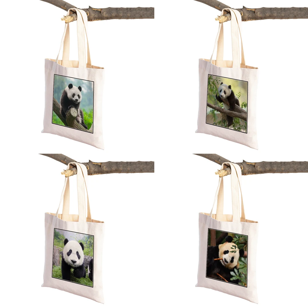 ​China Panda Lady Travel Shopping Bags Wild Animal Canvas Tote Handbag for Women Girl Foldable Reusable Supermarket Shopper Bag