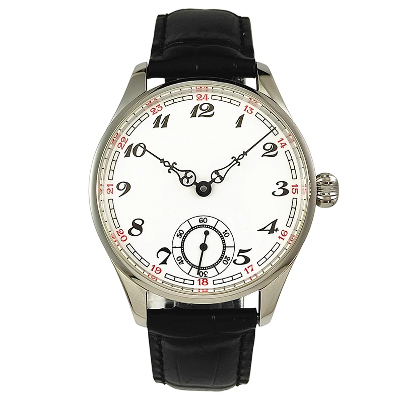 Men Manual Mechanical Watch Enamel Dial Louis‑style Hands Genuine Leather Strap Small Seconds 3atm Water Resistant 40.5mm Dial