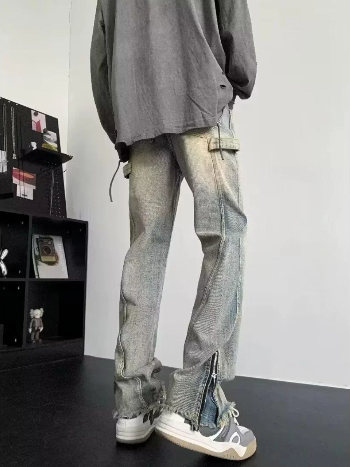 الأمريكية الرجعية الطين عمال الجينز الرجال الصيف تصميم حساسة صغيرة فيبي شارع العليا العصرية فضفاض طماق أنبوب مستقيم