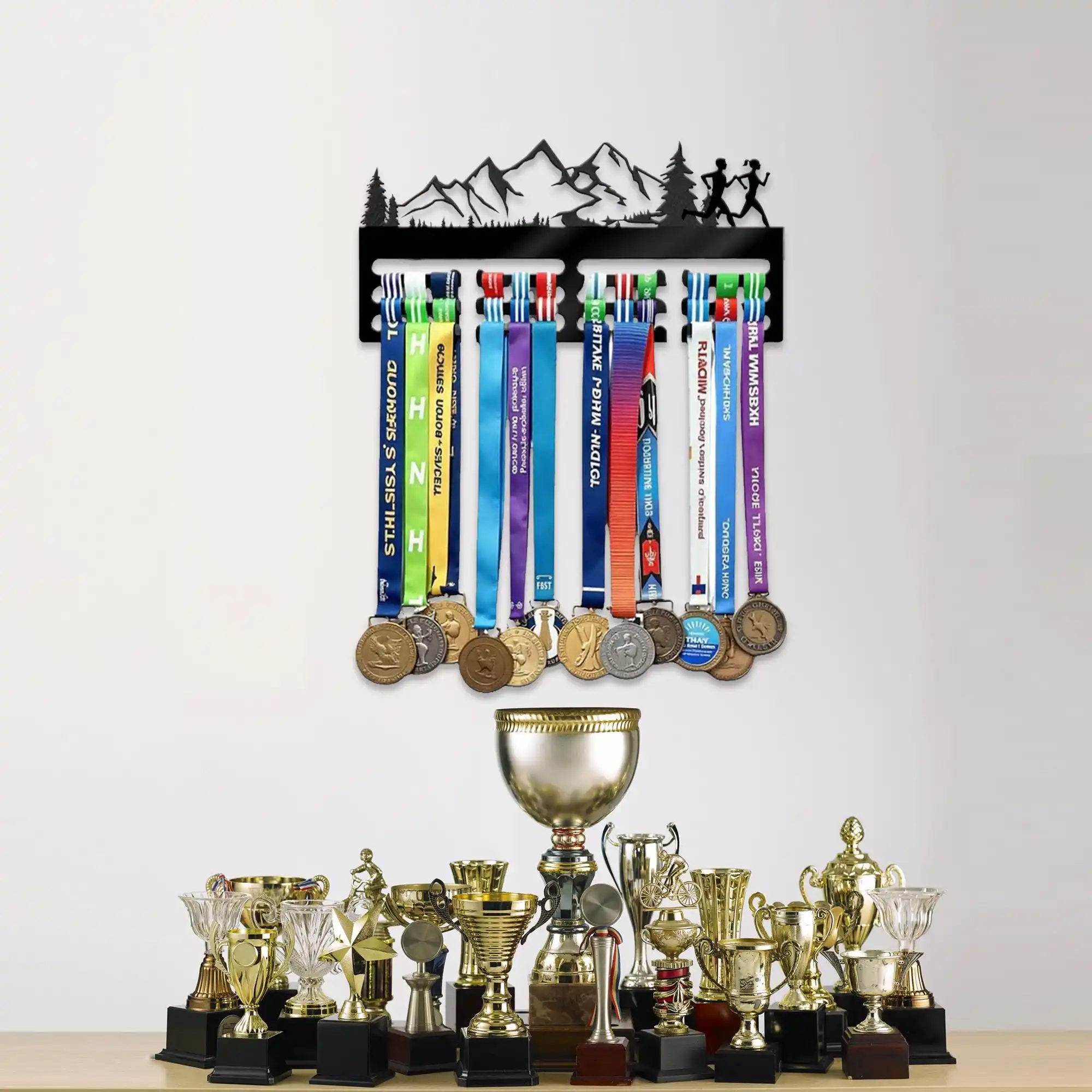 

Personalized Runner Medal Hanger Metal Wall Art, Male or Female Mountain Runner, Forest Wall Decor, Porch Organizer
