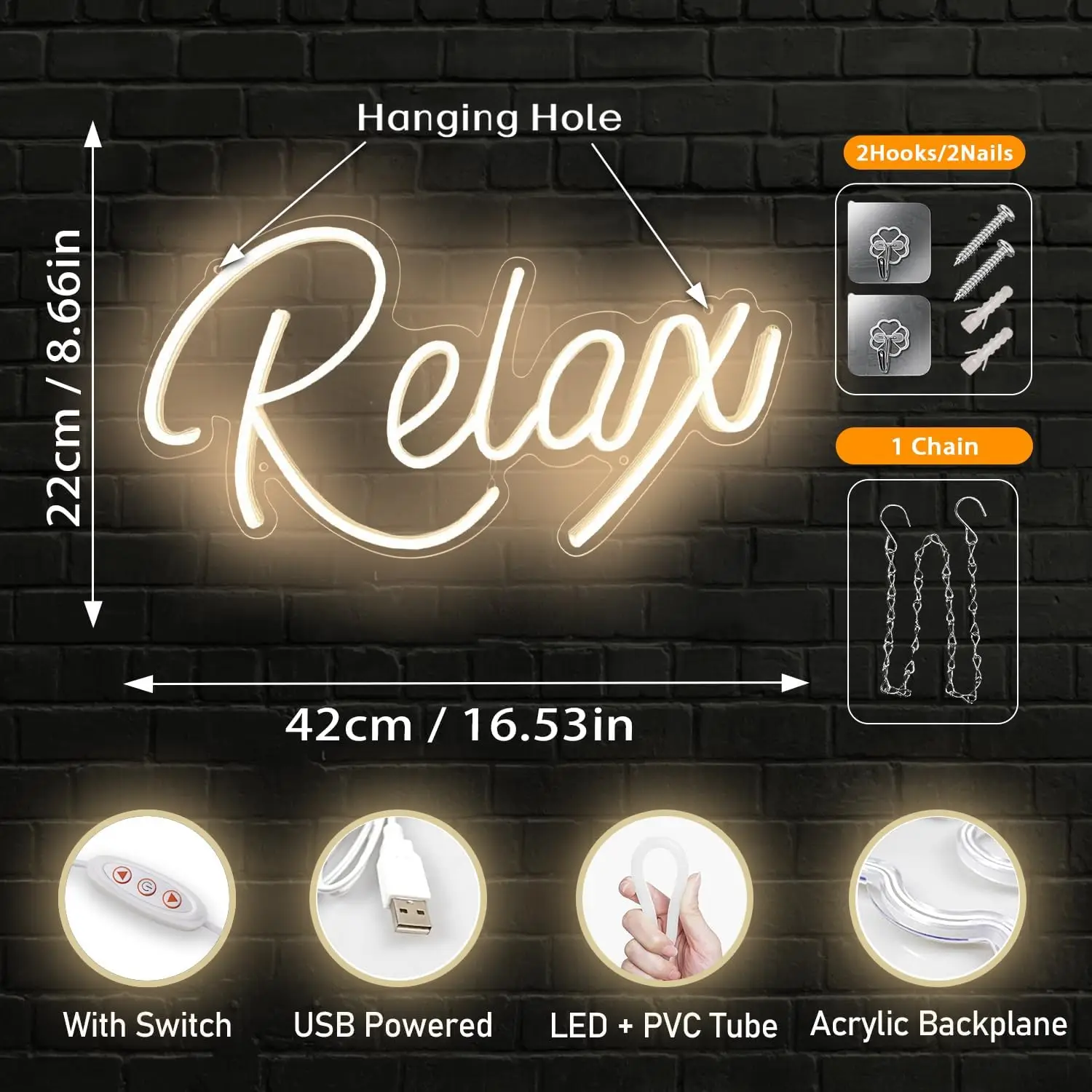Relax Neon Sign LED Neon Sign Light for Wall Decor Letters USB Powered Dimmable Night Light for Bedroom Birthday Party Gift