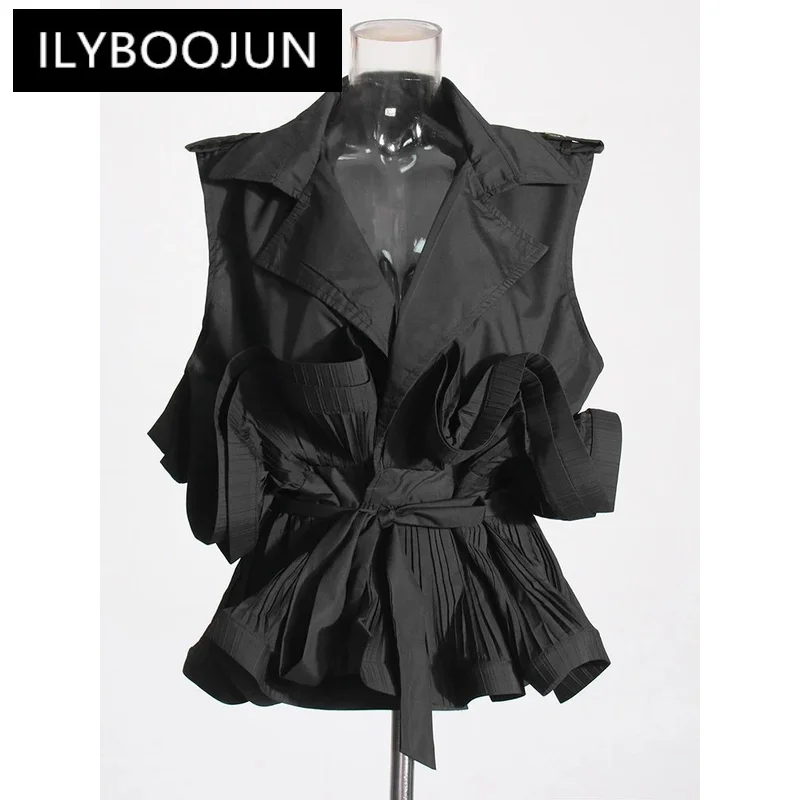 ILYBOOJUN Solid Temperament Spliced Folds Shirt For Women Lapel Sleeveless Patchwork Lace Up Designer Blouses Female Fashion