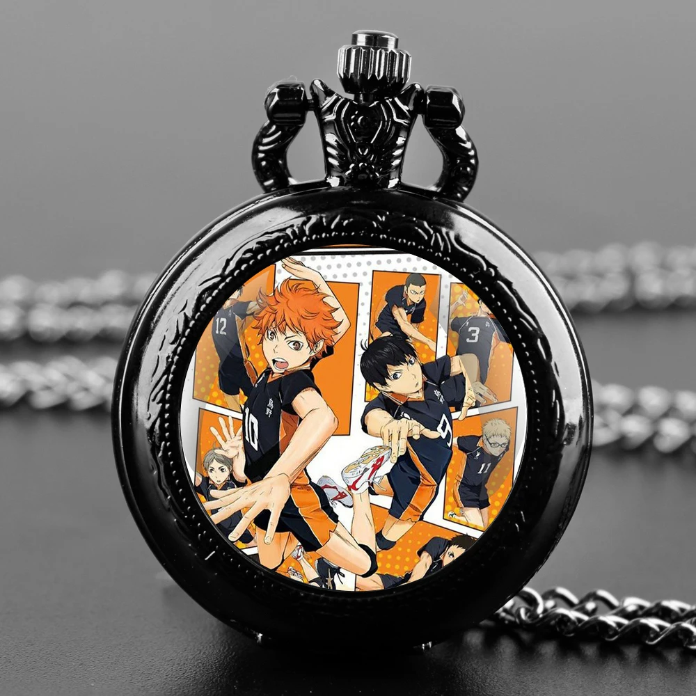 Famous Anime Haikyuu!! Glass Dome Vintage Arabic Numerals Quartz Pocket Watch Necklace Pendant Clock Chain Men Women Kids Gift