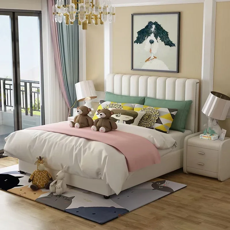 Modern eenpersoonsbed Houten frame lederen hoofdeinde Schattig roze kleur kinderbed prinses designmeubilair kinderbed voor slaapkamer