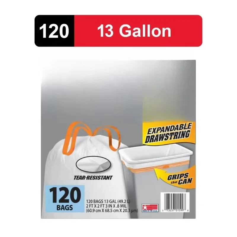 

Белые кухонные мешки для мусора, 13 галлонов, 120 мешков (расширяемый шнурок, 20-прочное переработанное содержание послеоперационного периода)