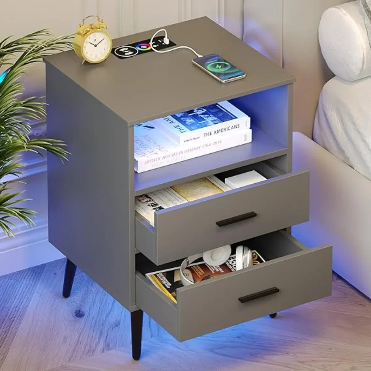 Nightstand with Wireless Charging Station with RGB Light,with Human Sensor, 2 Drawers & Open Shelf(Grey)