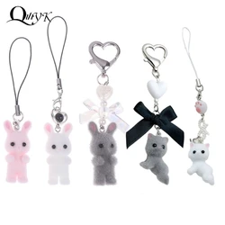 Cute Flocking Cat Rabbit Keychain Phone Chain Plush Bunny Phone Lanyard Keyring Car Key Holder Bag Pendant Earphone Camera Chain