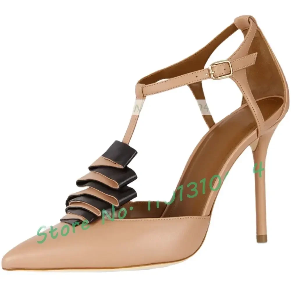 Nude Pleated Pointed Toe Sandals Women Ankle Straps High Heels Chic Appliques Shoes Summer Ladies Elegant Casual Design Sandals