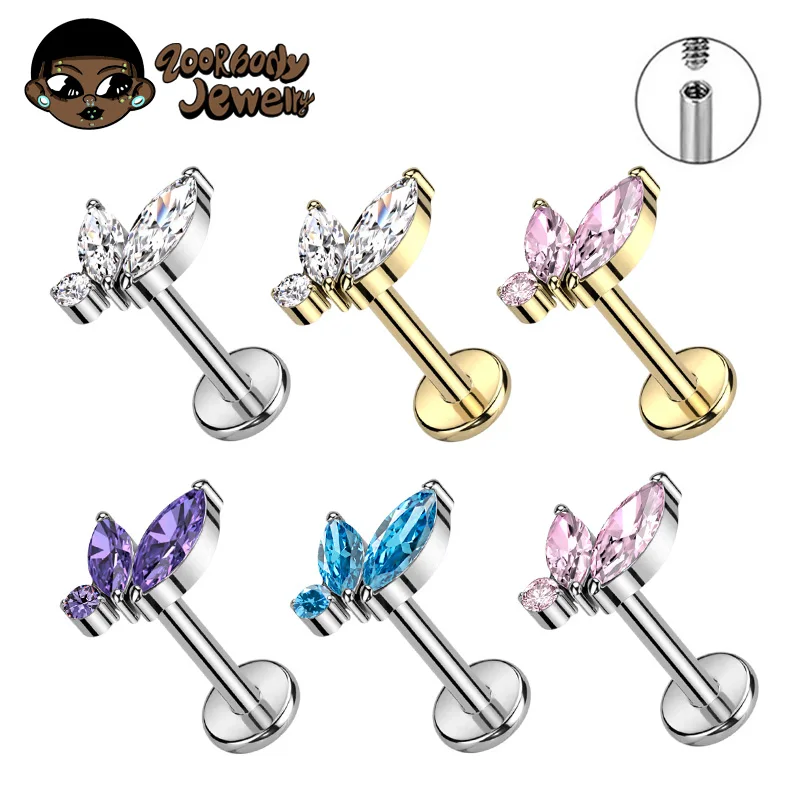 ASTM F136 titanio Triple Marquesa labio Piercing CZ Tragus Helix Conch pendientes 16G 18G hilo interno Labret nariz joyería del cuerpo