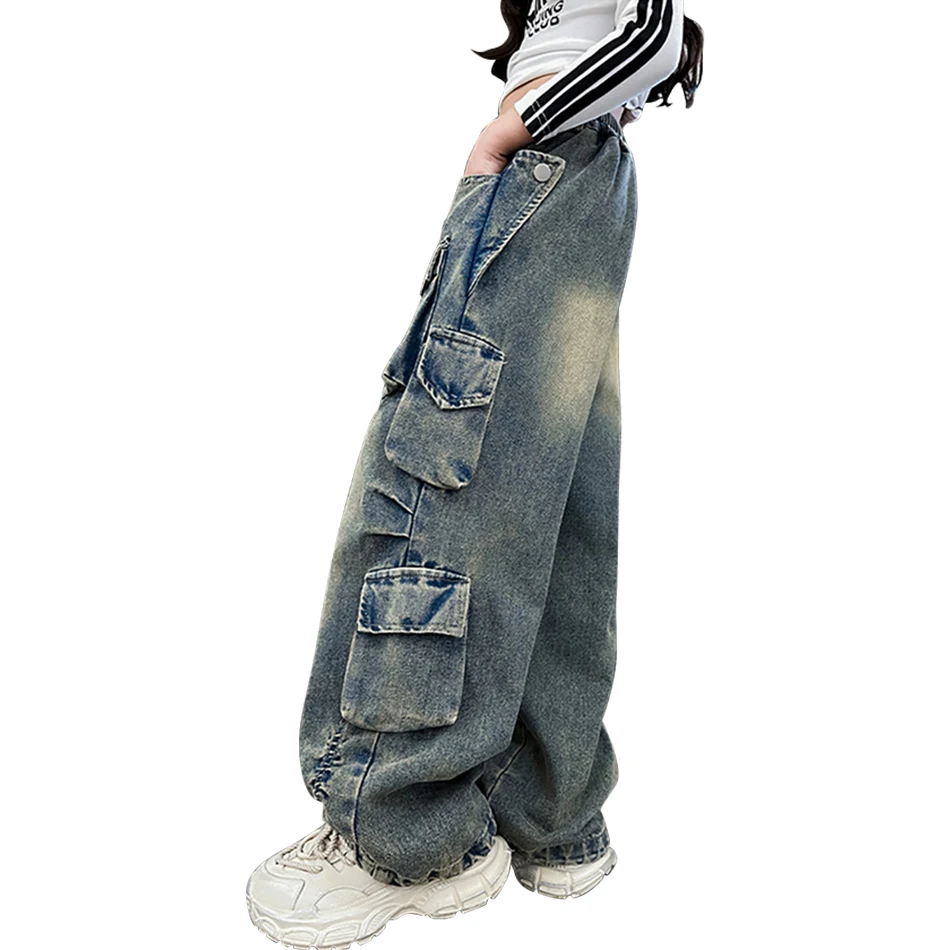 

Girls Denim Pants Hip Hop Performances and Casual Large Pockets Kids Jeans Girls Fashionable Comfortable Pants