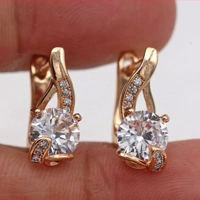 Exquisite Gold Colour Geometry Round Zircon Party Hoop Gems Earrings for Women Metal Jewelry Party Wedding  Accessories Gifts