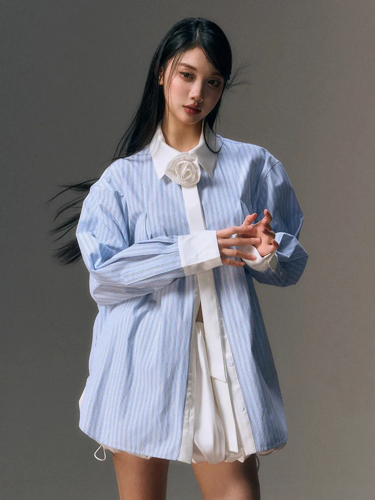 

Jmprs 3D Floral Striped Shirt Women Casual Elegant Long Sleeve Korean Blouse Loose Fashion Design Patchwork Female Sweet Tops